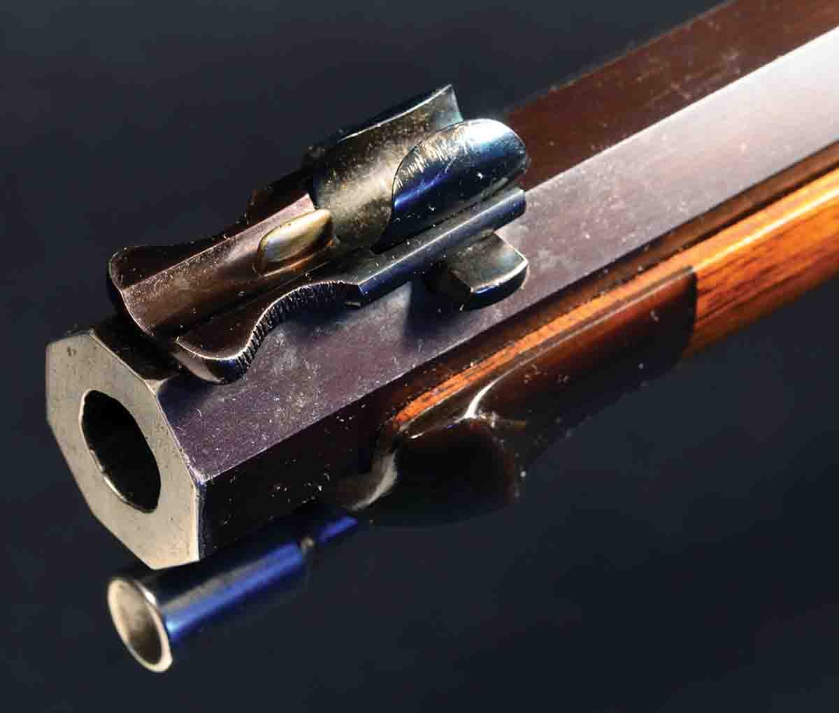 The Werndl’s permanently fixed front sight has a fine bead. There is a detachable sight with a larger bead for hunting or low-light shooting. That this accoutrement survived, with the rifle, for 150 years, is a minor miracle.